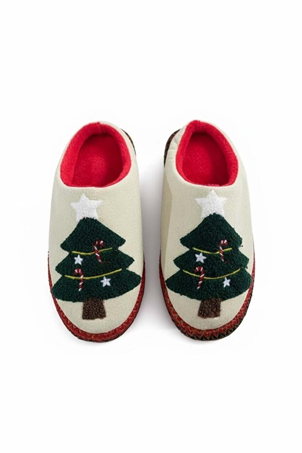 Beige Soft Textured, Lightweight, Flexible Pine Wood Figured House Slippers with Embroidery Detail