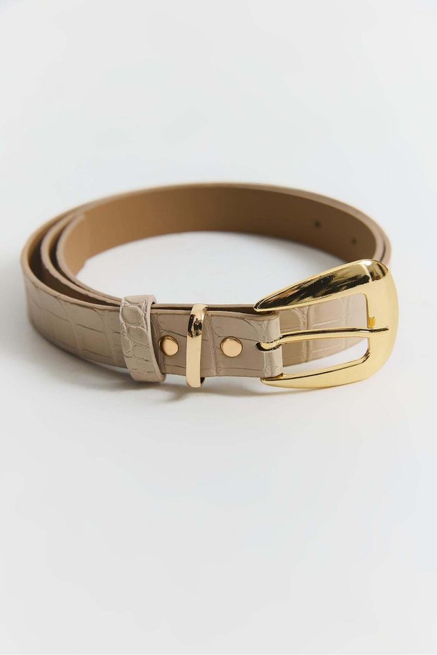 Mink Crocodile Patterned Faux Leather Textured Shiny Gold Metal Buckle Adjustable Belt