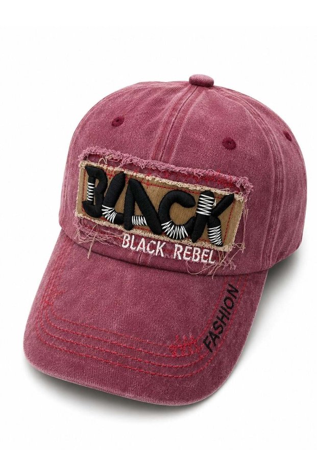 Burgundy Denim Washed Cotton Woven Letter Embroidery Print Detailed Adjustable Form Cap Hat