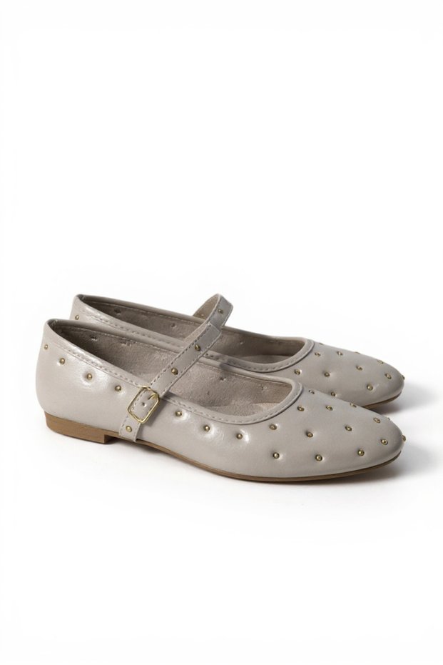 Mink Leather Textured Flat Sole Single Strap Gold Stone Detailed Buckle Comfortable Form Shoes