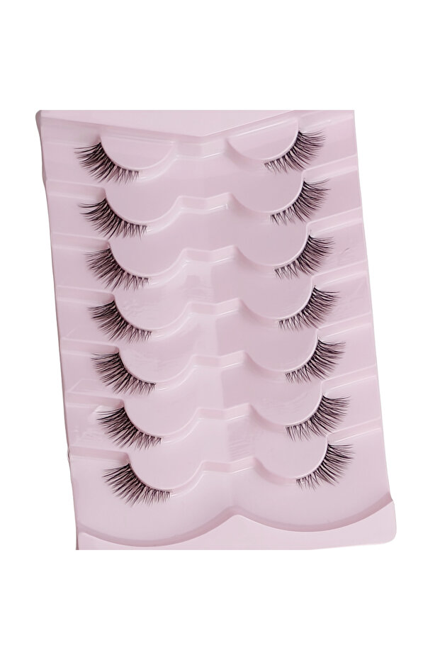 Pink 7 Pairs of Ultra-Fine Transparent Stem Half-Lash False Eyelashes, Natural Full-Look Everyday Fo