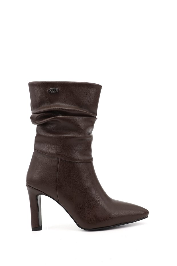 Women's Brown Pointed Toe Bellows Thin Heeled Boots