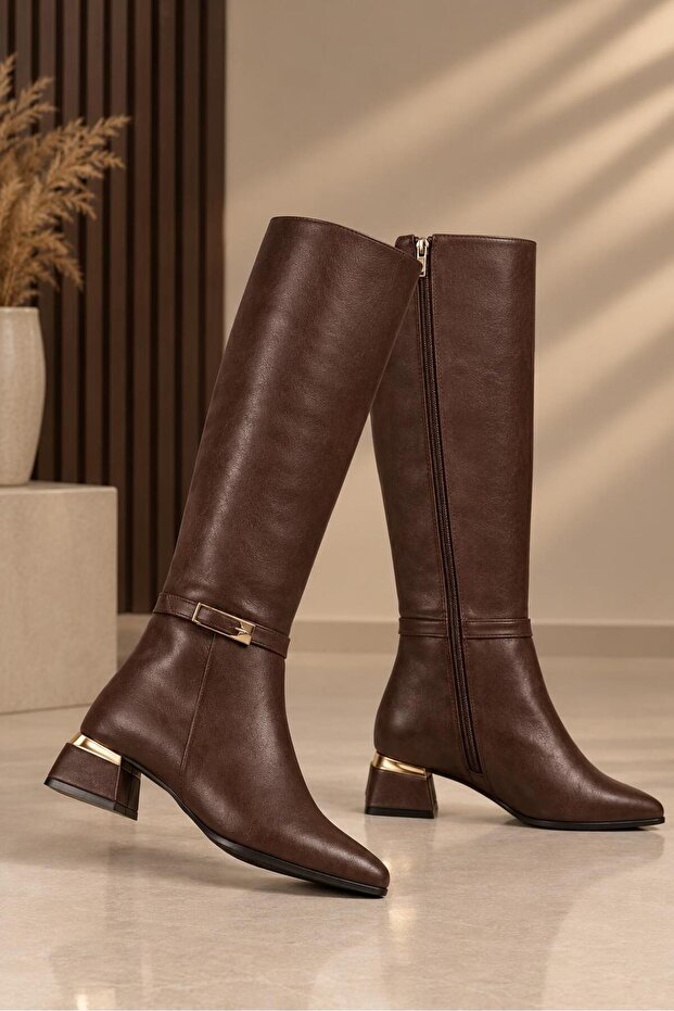 Faux Leather Buckle Below-Knee Sine Boots 4cm Heel Dubais006 (Calf Width 40 cm)