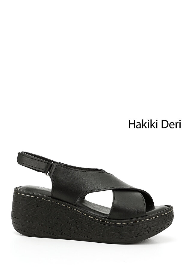 Women's Black Velcro Strap Wedge Sole Genuine Leather Sandals