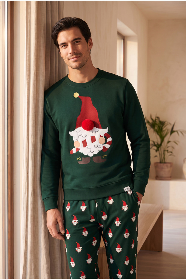 Men's Santa Claus Christmas Themed Sweatshirt Pajama Top Green
