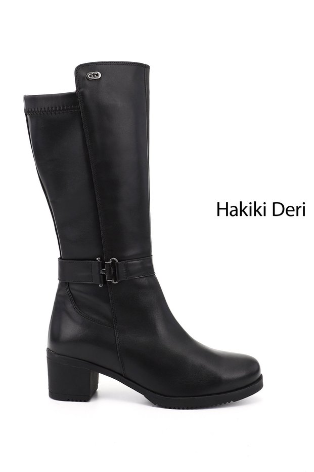 Women's Black Thick Heeled Genuine Leather Boots