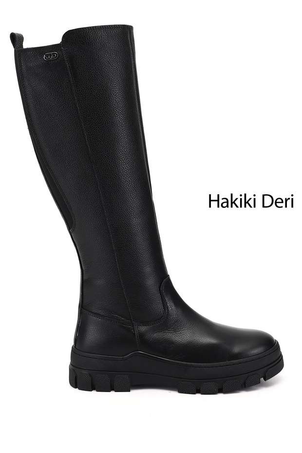 Black Floater Genuine Leather Round Toe Wedge Heeled Zippered Women's Daily Boots 47521