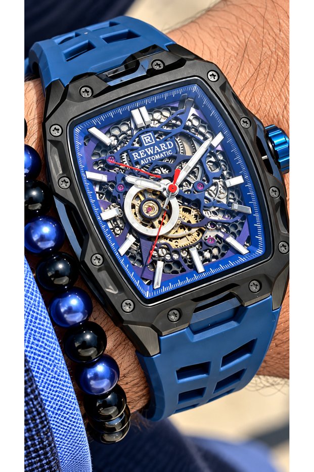 Navy Blue Silicone Cord, Steel Case, Auto (Without Battery), 5 Atm, Vip Men Wristwatch Bracelet with Gift