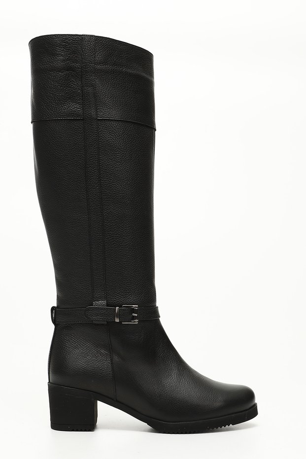 Black Floter Genuine Leather Round Toe Rubber Sole Heeled Zippered Women's Daily Boots Gd564