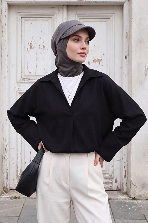 Winter Hijab Cap with Removable Visor, Anthracite, B-82O