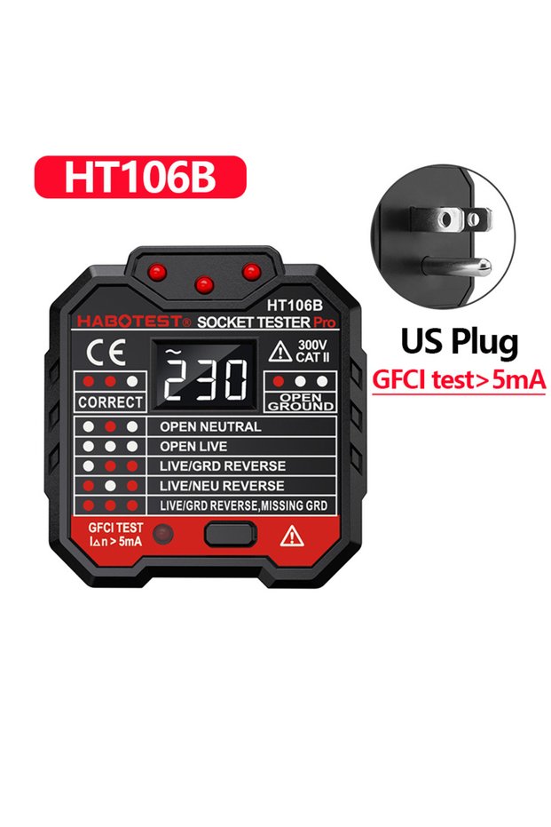 HT106B-US PLug HT106 HT107 جهاز اختبار الجهد الكهربي الاحترافي، كاشف المقبس الرقمي، قابس الولايات المتحدة/المملكة المتحدة/الاتحاد الأوروبي