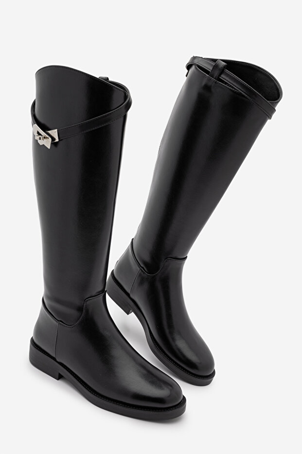 Women's Back Zippered Gold Buckle Casual Boots Mosna Black