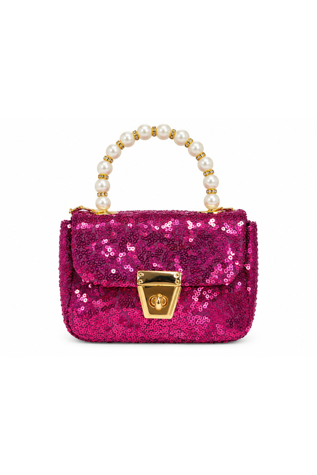 Mini Girls' Festive, Daily, Stylish Shoulder Bag with Pearl Handle and Shiny Sequin Chain Strap