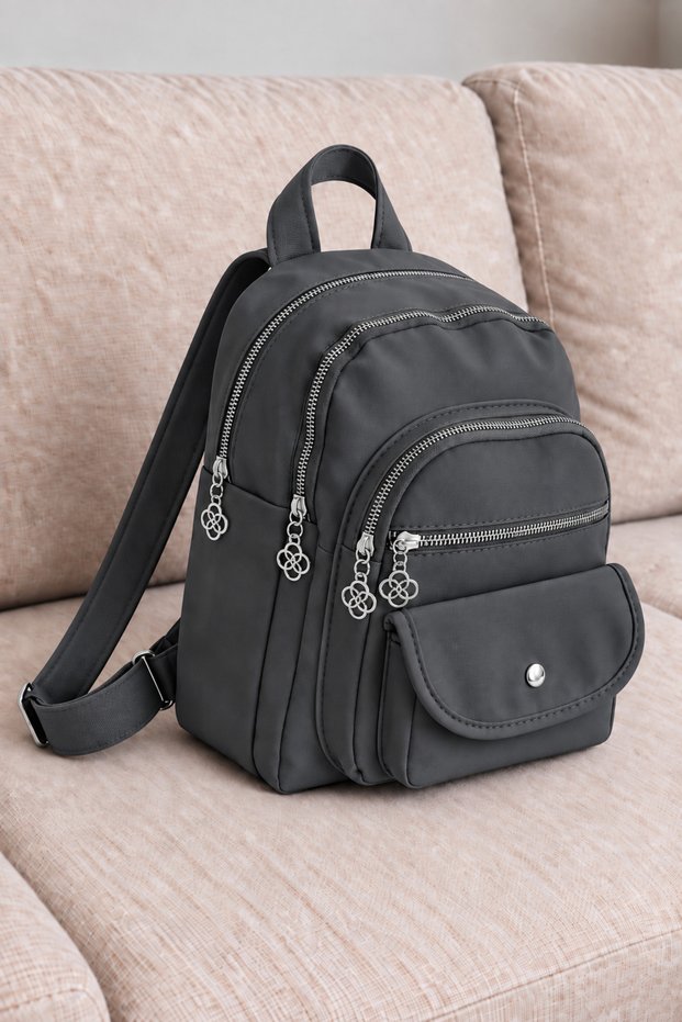 Women's Gray Medium Size Multi-Compartment Fabric Backpack – Stylish Design with Large Volume and Zipper for Daily Use