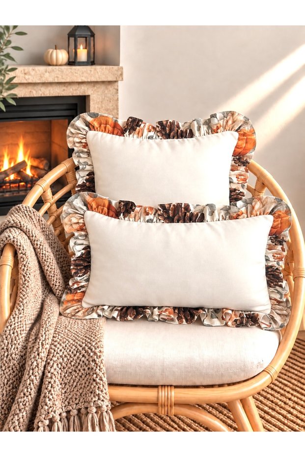 Vintage Colorful Ruffled Ecru Throw Pillow Cover 1 Piece
