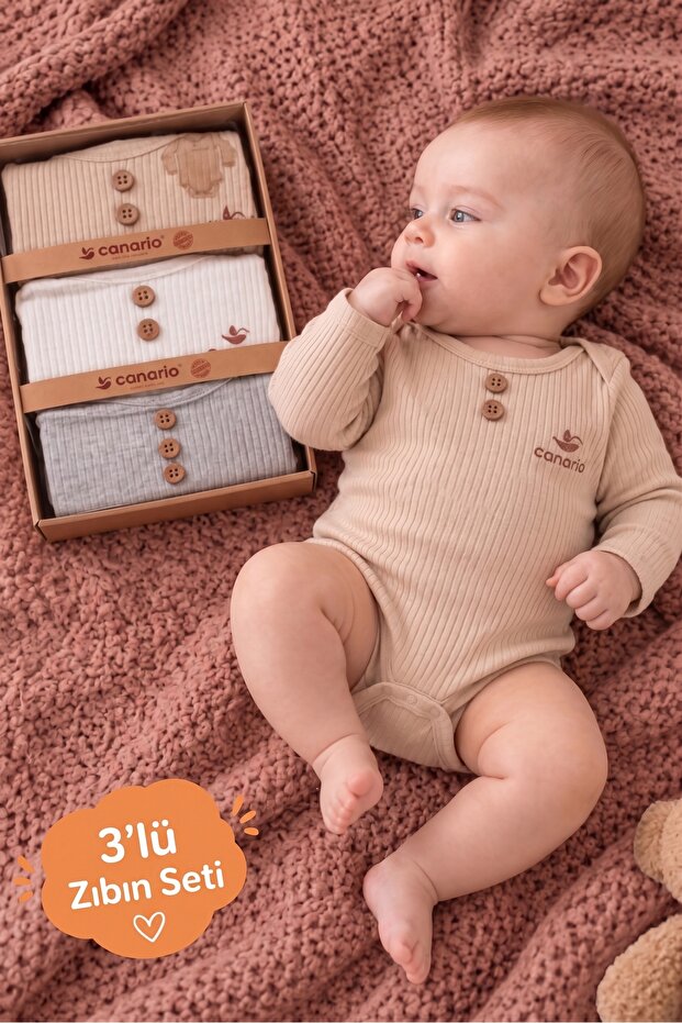 Baby 3-Piece Ribbed Cotton Long Sleeve Snap-On Bodysuit Set - Boxed Newborn Gift