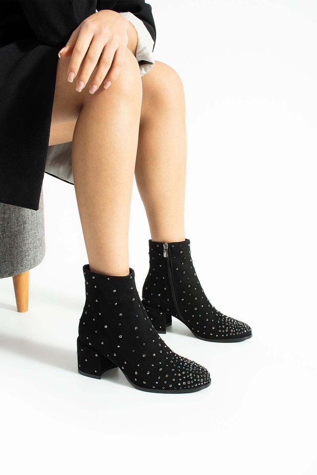 Women's Genuine Leather Stone Boots Black Suede