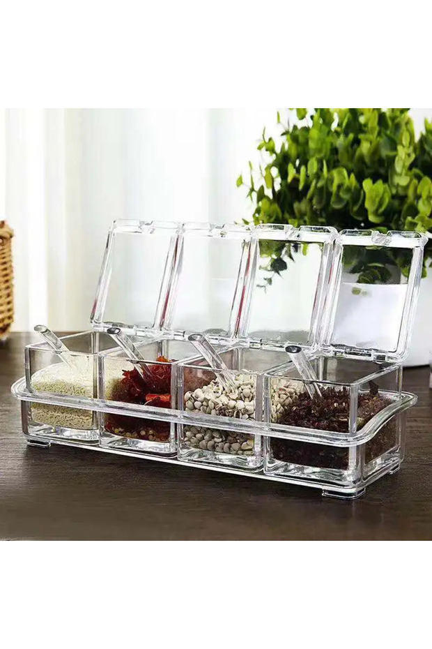 Seasoning box Four Compartment Transparent Seasoning Box with Spoon Lid and Storage Base, Salt, Suga