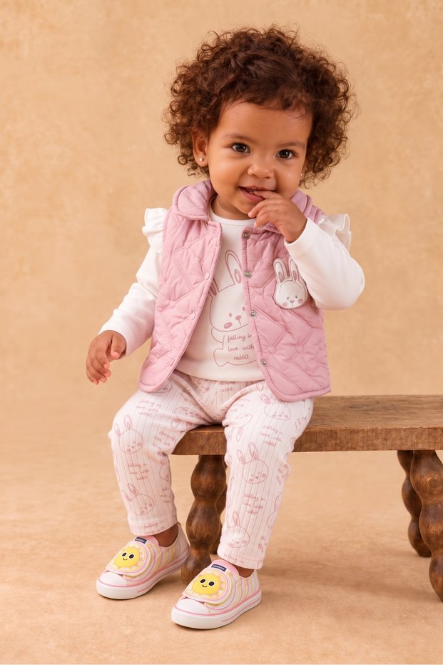 Rocha Baby Girl Pink Rabbit Figured 3-Piece Set - Quilted with Ears Vest Set and Cotton Set