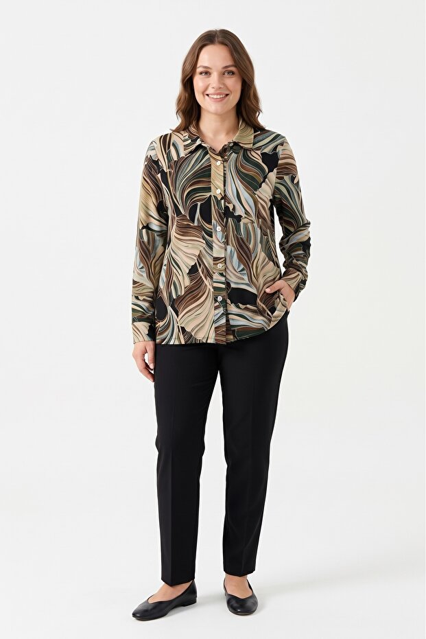 Women's Plus Size Lycra Shirt Collar Placket Patterned Long Sleeve Mom T-Shirt Shirt Combed Cotton Blouse