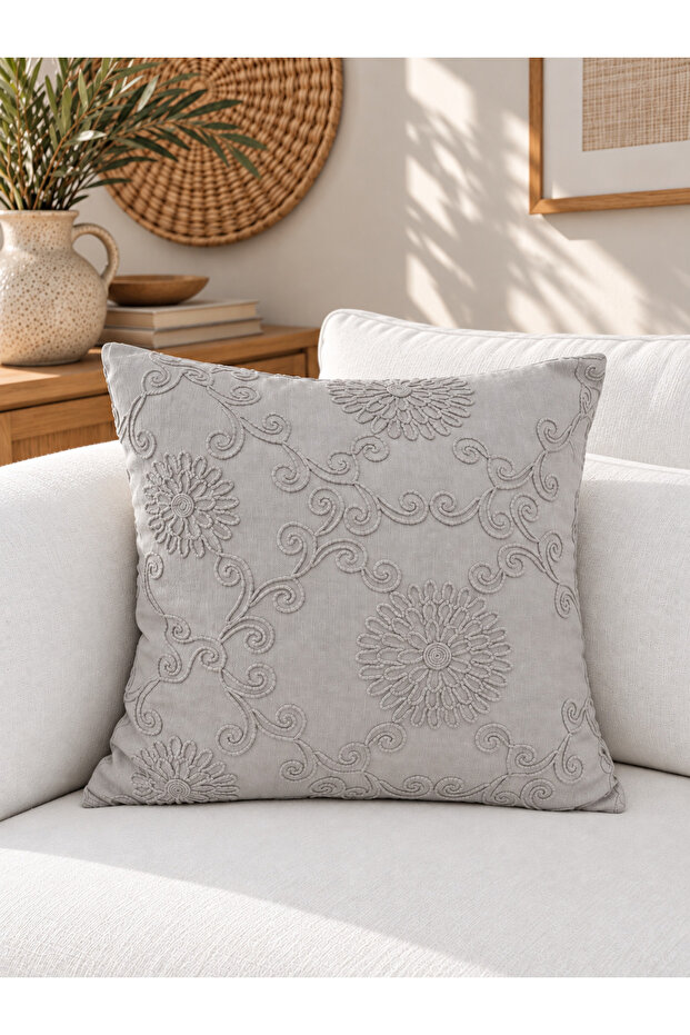 Gray Throw Pillow Cover with Cotton Embroidery Detail
