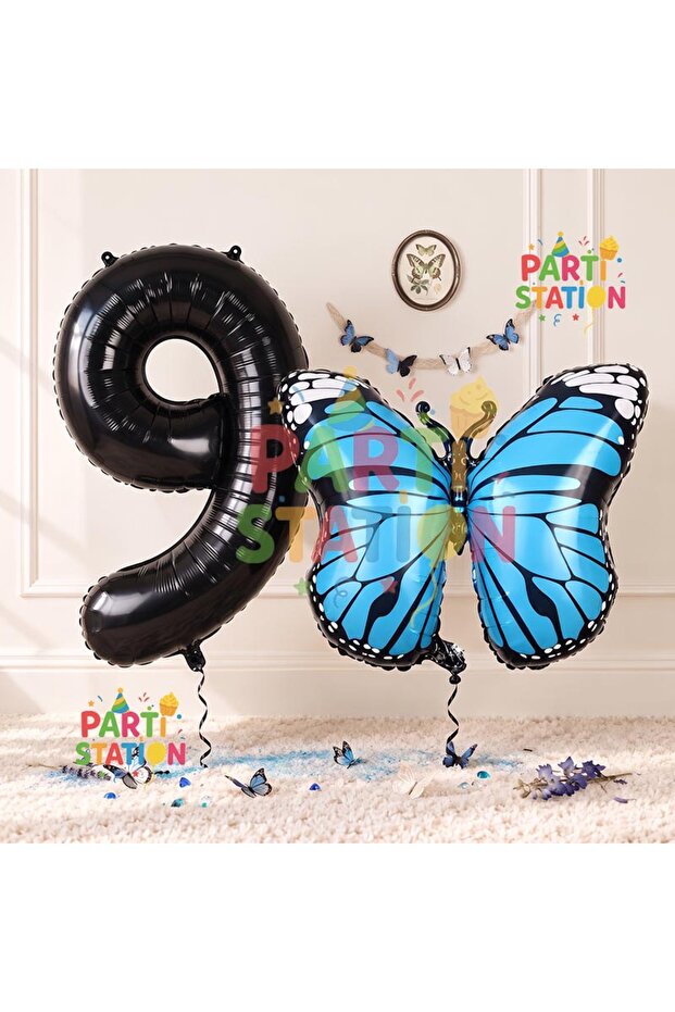 9 Year Old Blue Butterfly Balloon Set - Butterfly Concept and Black Number Balloon