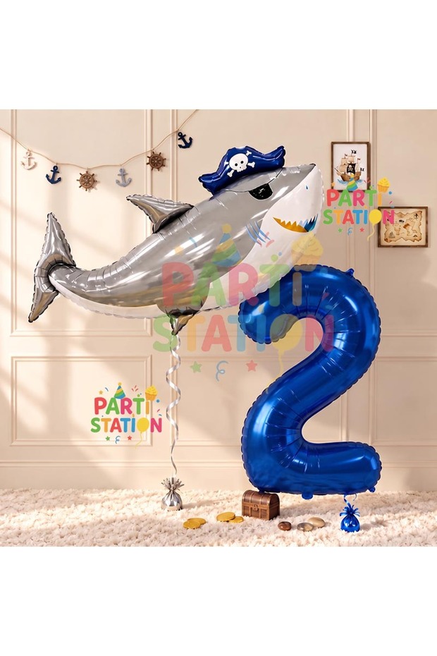 Pirate Shark and 2 Years Old Balloon Set Pirate Shark Concept Birthday Foil Balloon Set