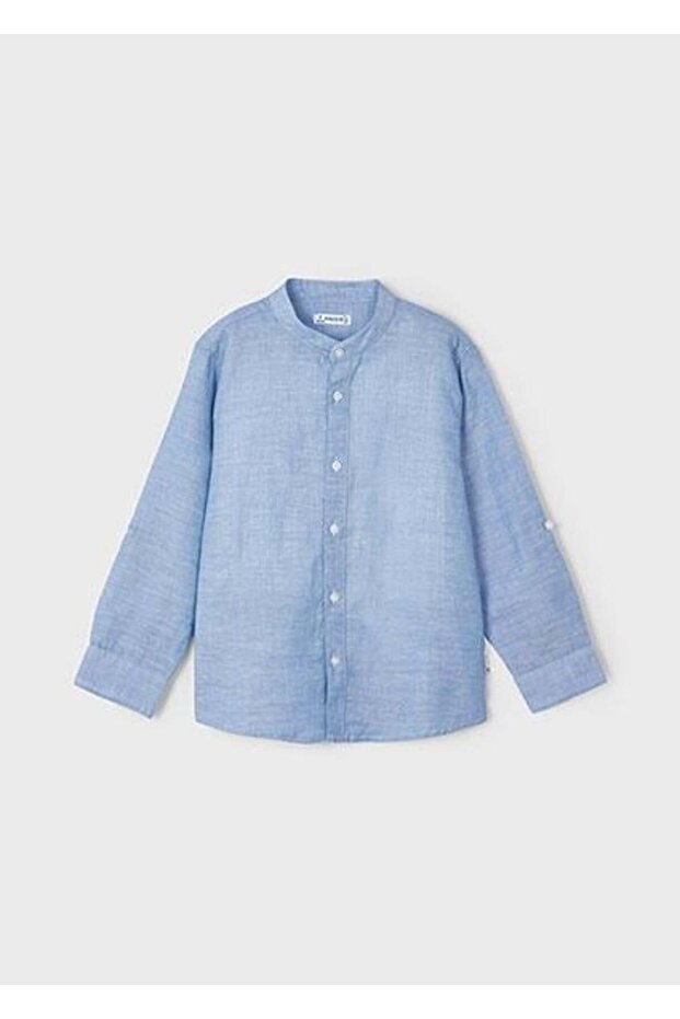 Boy's Blue Mao Collar Long Sleeve Linen Shirt 03120-016