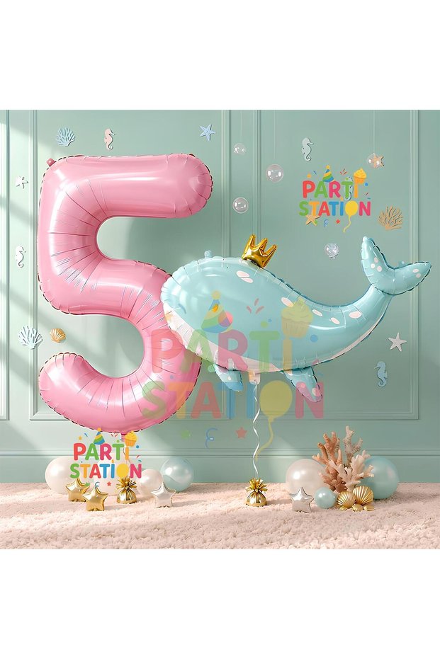 Cute Green Whale 5th Birthday Balloon Set, Sea and Ocean Creatures Theme Balloons and Pink Number Balloons