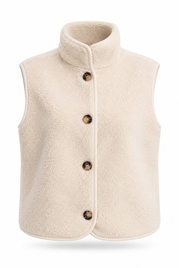 Cream High Collar Plush Vest 23241