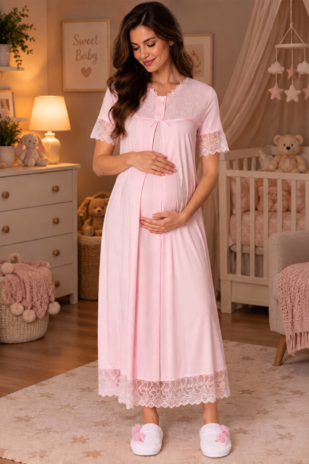 Cotton Comfortable Cut Maternity Nightgown with Breastfeeding Feature Effortt - Pink