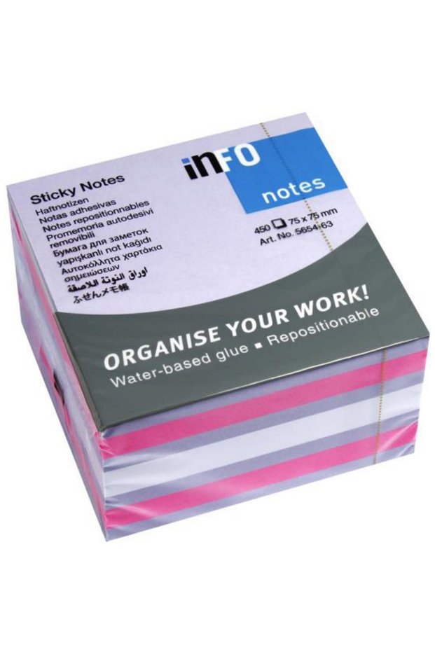 ADHESIVE NOTES 75*75MM PINK-VIOLET-WHITE 450 SHEETS INFO NOTES