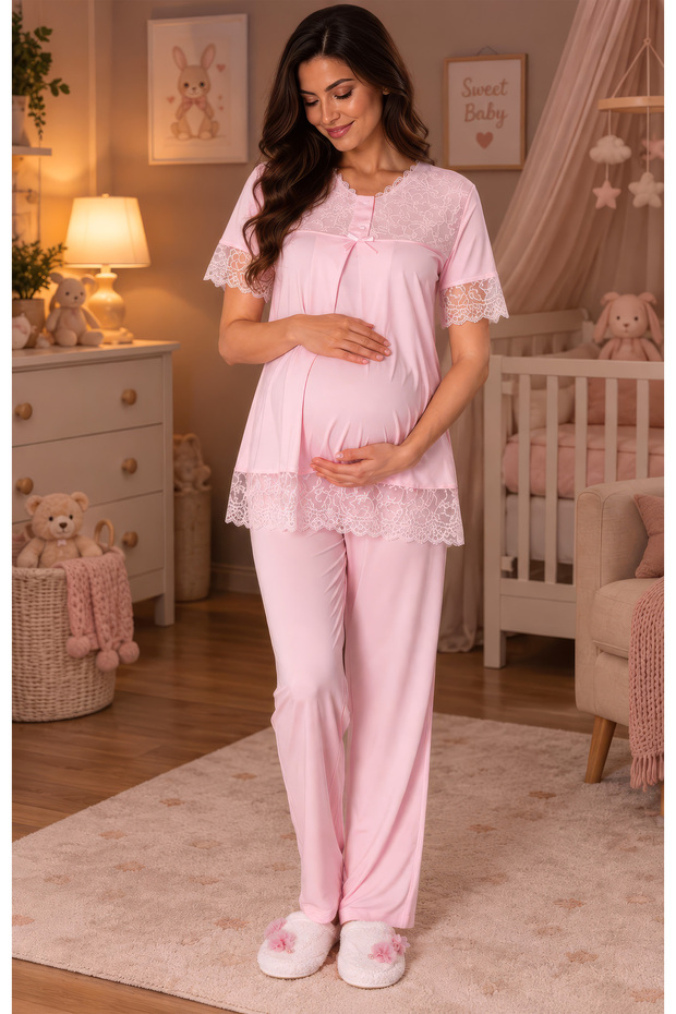 Breastfeeding-Friendly Cotton Maternity Pajama Set – Elastic Waist Effortt - Pink