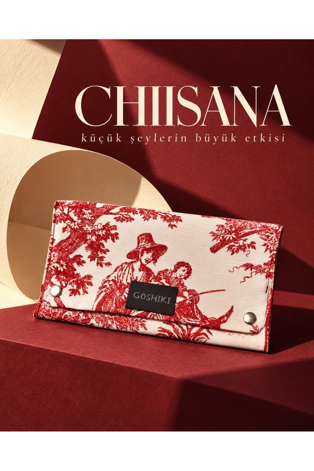 Chiisana - Vintage Patterned Makeup Bag with Snap Closure Foldable Portfolio Cosmetic Bag Red