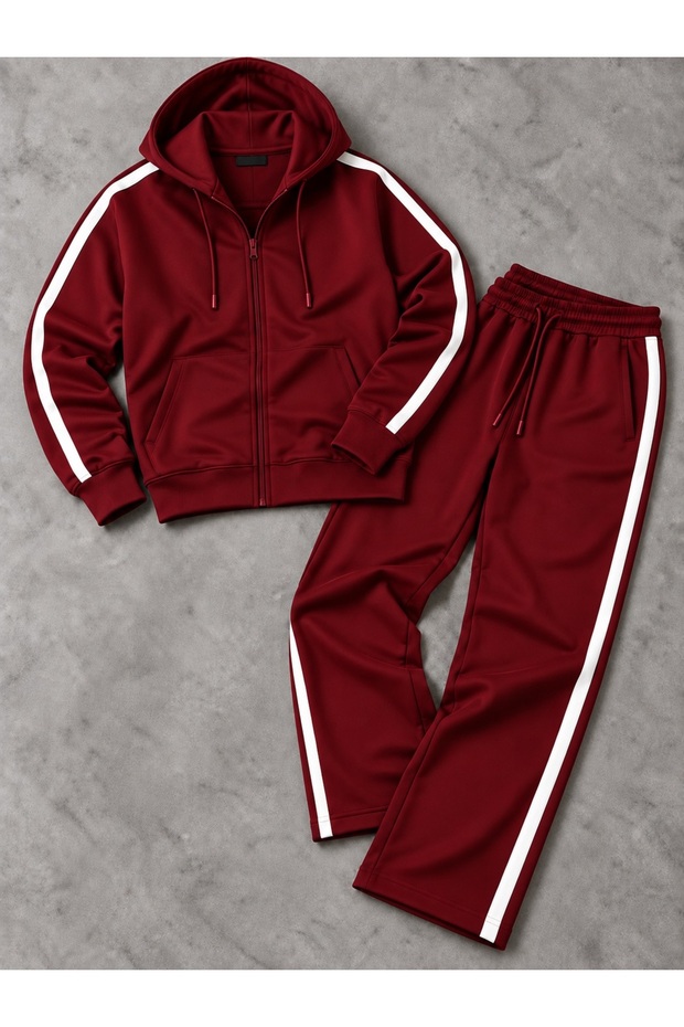 New Season 3 Threaded Combed Cotton Striped Full Zipper Jacket with Kangaroo Pockets - Baggy Sweatpants Bottom Top Set 2-Piece