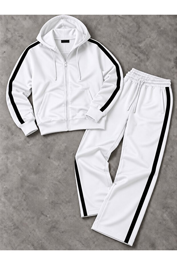 New Season 3 Threaded Combed Cotton Striped Full Zipper Jacket with Kangaroo Pockets - Baggy Sweatpants Bottom Top Set 2-Piece