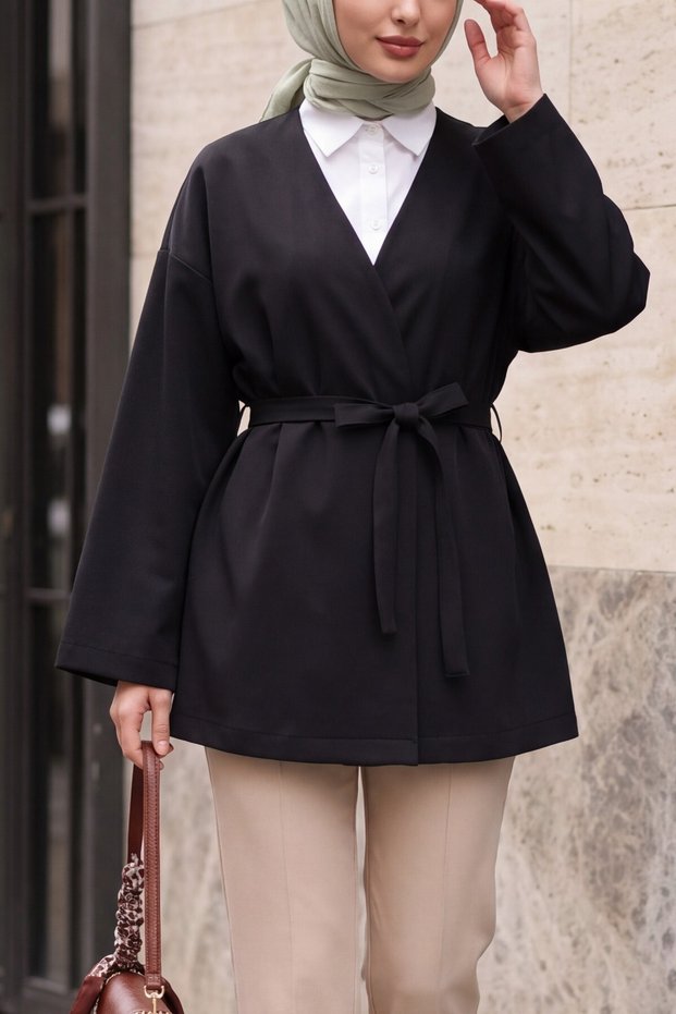 Beli Belted V-Neck Scuba Kimono - Black