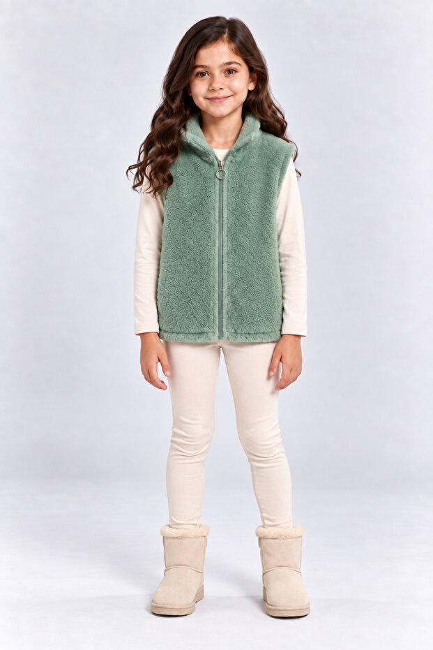 Girl's Zippered Plush Soft and Warm Daily Vest Ak4122