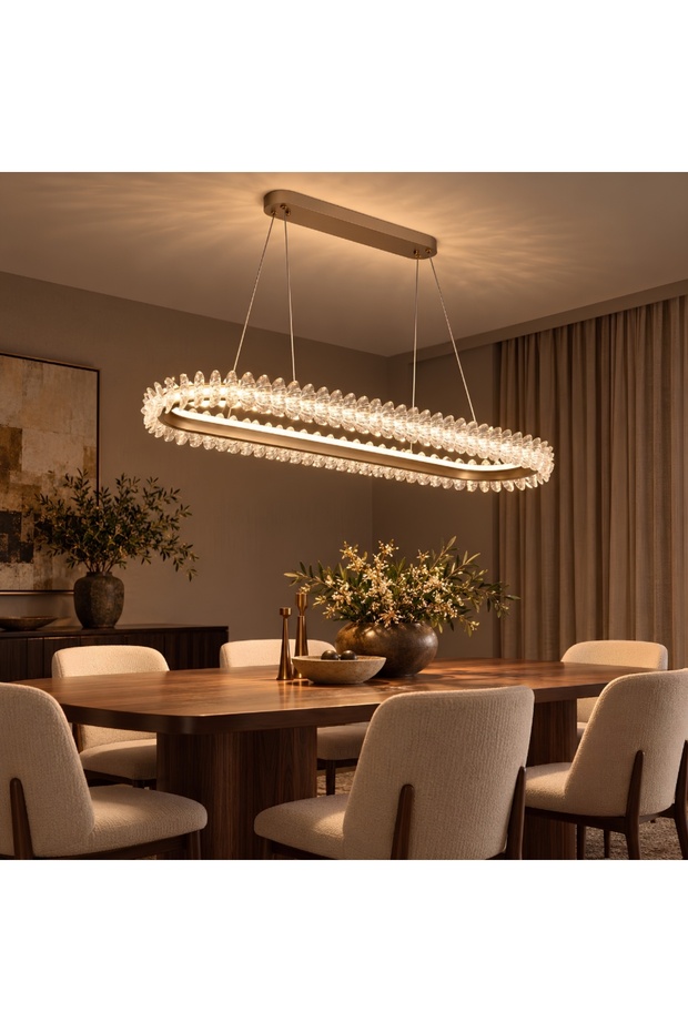 ثريا كريستال عصرية مستطيلة الشكل بتصميم ريش - إضاءة معلقة LED خطية من النحاس الذهبي بطول 100 سم
