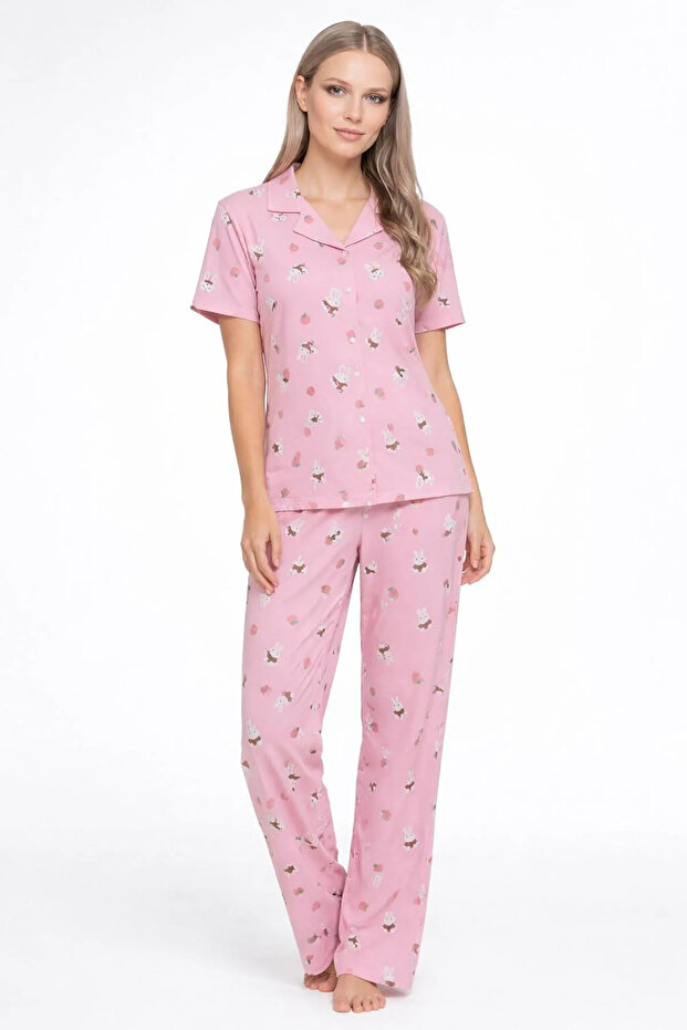 Short Sleeve Summer Buttoned Shirt Collar Soft Textured Pink Women's Pajama Set