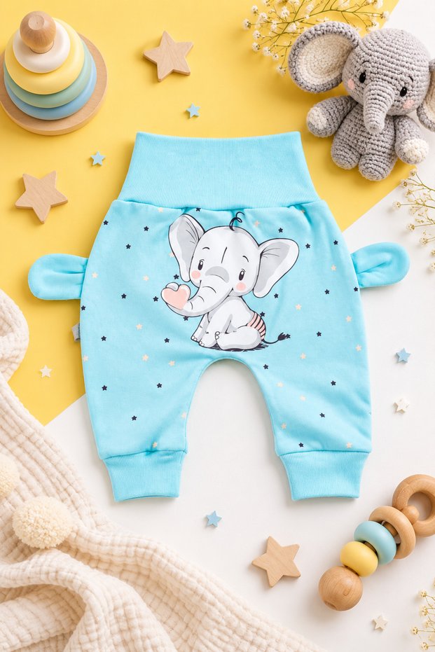 Cute Elephant Figure Printed, Eared, 100% Cotton Single Bottom Pajamas Without Booties