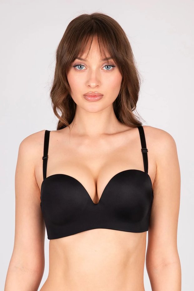 Double Padded Supported Double Push up Strapless Wire Free Black Bra