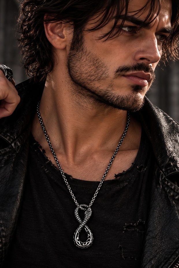 Gothic Snake Necklace Men's | Infinity Design | Stainless Steel | Long Chain | Gift Boxed