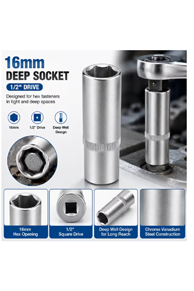16mm Deep Socket Wrench, 1/2 Inch Drive Chrome Vanadium Steel 6 Point Socket for Ratchet, Extension Bar, Car Repair and Workshop Use