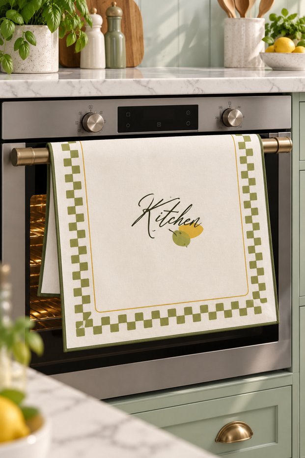 Yeşil Dama & Minimal Kitchen Oven Cover – 35X50 Cm, Digital Printed Suede Fabric