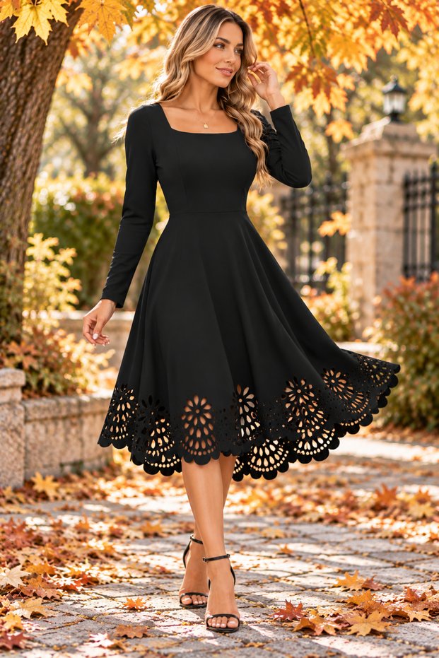Elegance with Floral Cutout Detail – Square Neck Long Sleeve Midi Dress