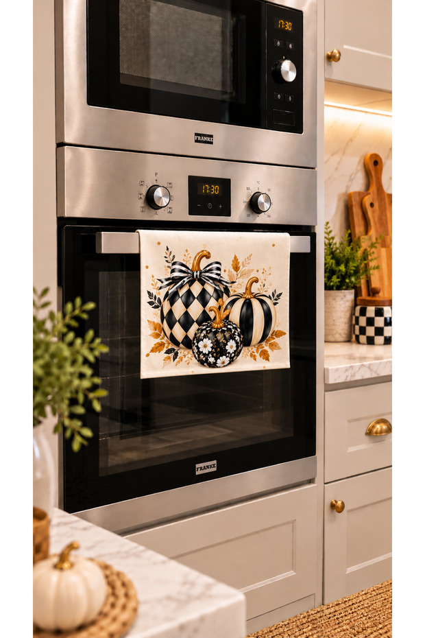 Checkered Pumpkin Patterned Oven Cover – 35X50 Cm, Digital Printed Suede Fabric