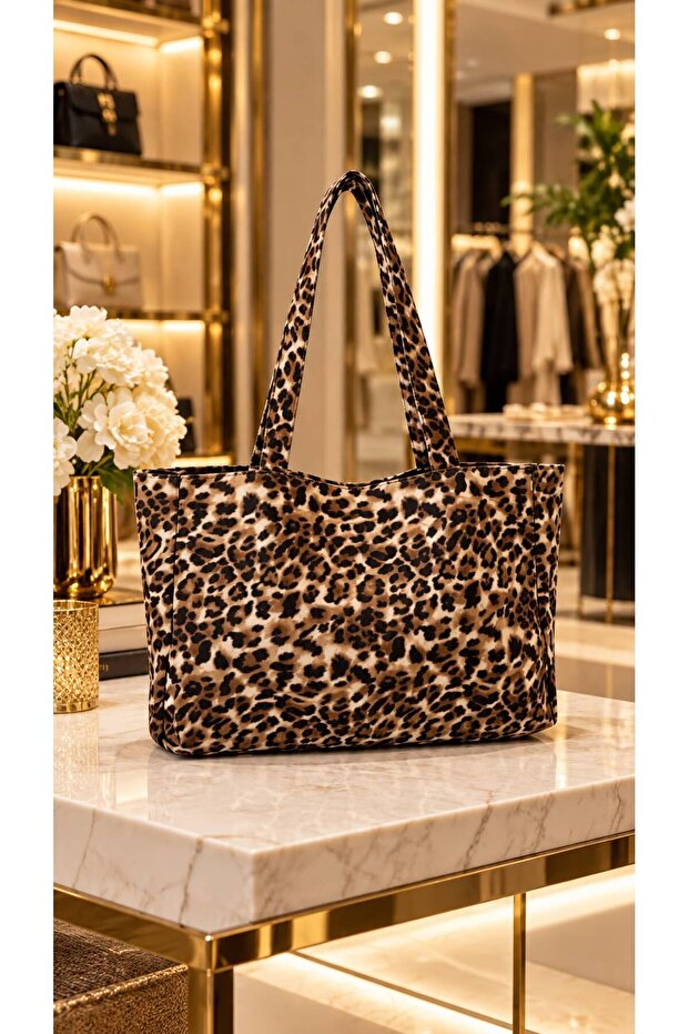 Camel Leopard Patterned Strap Women's Bag 35X50 cm