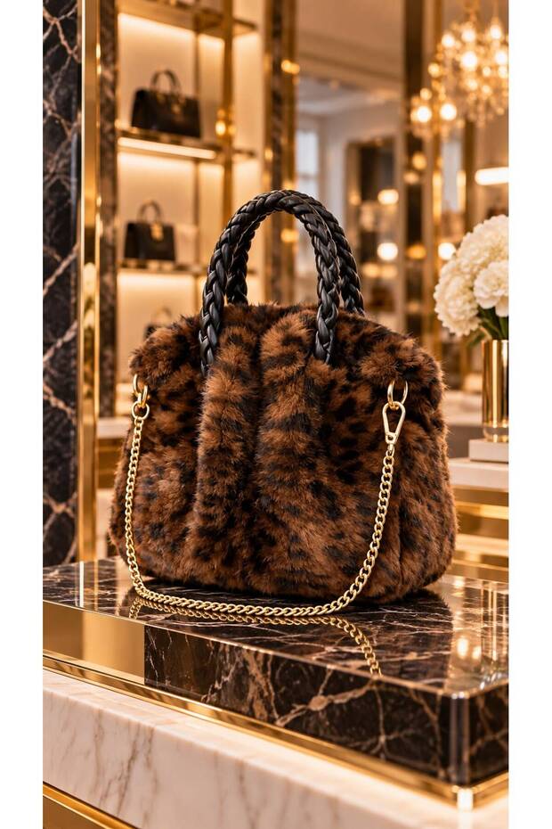 Brown Leopard Patterned Plush Chain Strap Women's Bag 21X28 cm