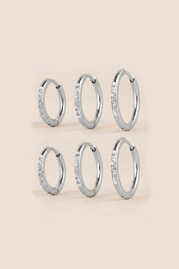 Silver Color Stone Steel 10-12-14 mm 6-Piece Hoop Earrings 2 mm